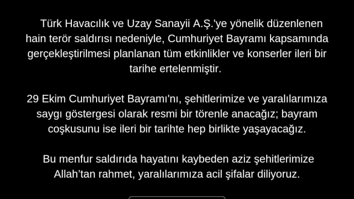 29 Ekim Cumhuriyet Bayramı Etkinlikleri Erteleme Duyurusu